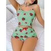 MARSiLYAN- Pamuklu Yeşil Üstüne Çilek Desen Fitilli Askılı Şortlu Pijama Takımı