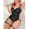 MARSiLYAN- Siyah Dantel İşlemeli Özel Bölgesi Açık Fantezi Body Jartiyer Takımı