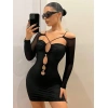 MARSiLYAN- Siyah Göğüs Dekolteli İp Detaylı Mini Club Elbisesi