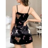 MARSiLYAN- Siyah İnce Askılı Ayıcık Desenli Saten Mini Gecelik
