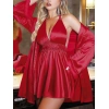 Özel Tasarım Boyundan Bağlamalı Göğüs Dekolteli Sabahlıklı 2li Kırmızı Saten Gecelik Takımı