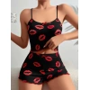 Pamuklu Kiss Öpücük Desen Siyah Fitilli Şortlu Pijama Takımı