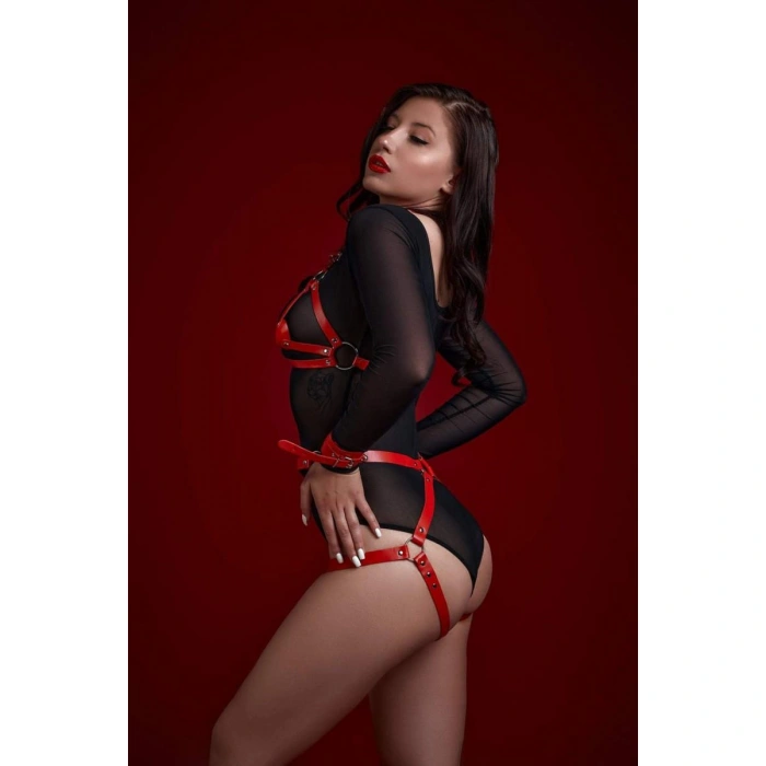 MARSiLYAN- Fantezi Sütyen Külot Kelepçeli Kırmızı Harness Set