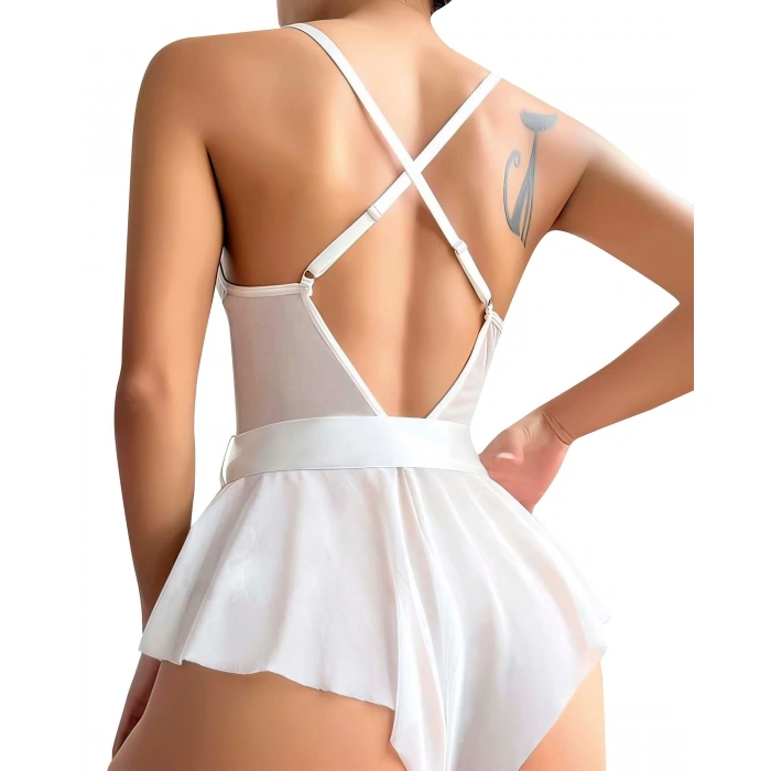  Beyaz Dantel İşlemeli Kurdelalı Fantezi Tül Babydoll