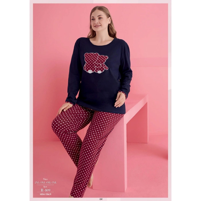  Büyük Beden Pamuklu Ayıcık Desenli Pijama Takımı