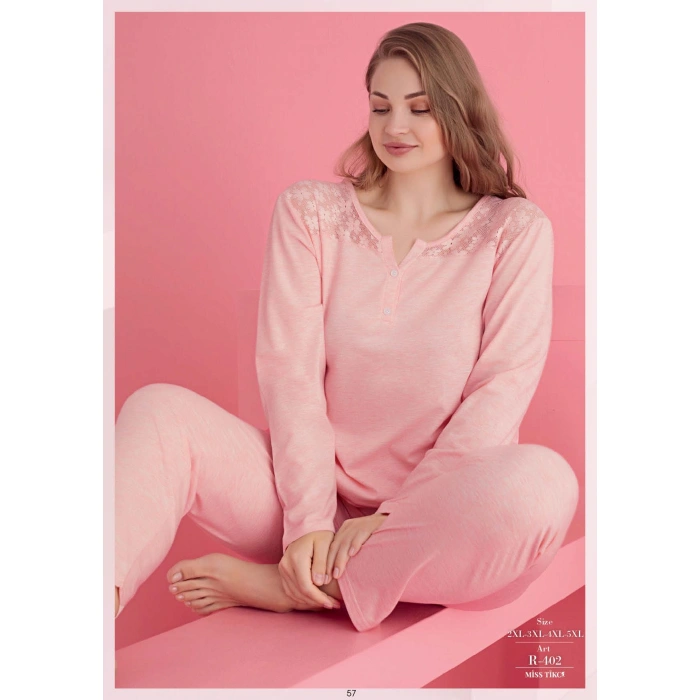  Büyük Beden Pamuklu Dantel İşlemeli Pijama Takımı