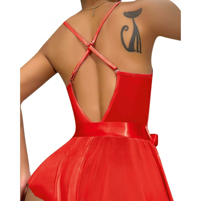  Kırmızı Dantel İşlemeli Kurdelalı Fantezi Tül Babydoll