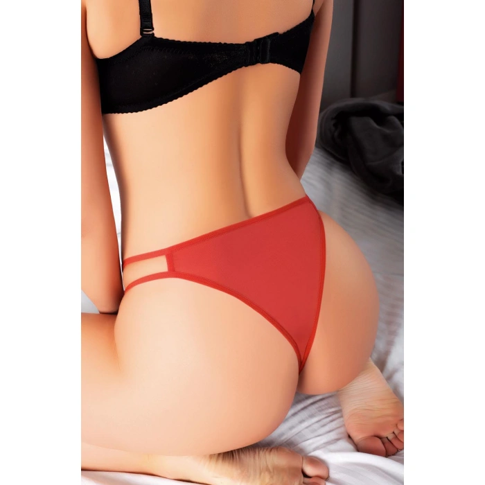  Özel Bölgesi Açık Kelebek İşlemeli Fantezi Desenli Taşlı Kiremit Tanga String