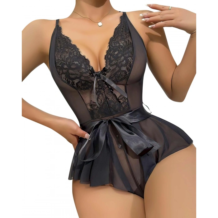  Siyah Dantel İşlemeli Kurdelalı Fantezi Tül Babydoll