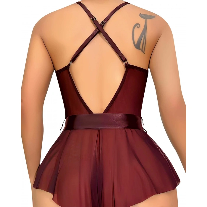 Bordo Dantel İşlemeli Kurdelalı Fantezi Tül Babydoll
