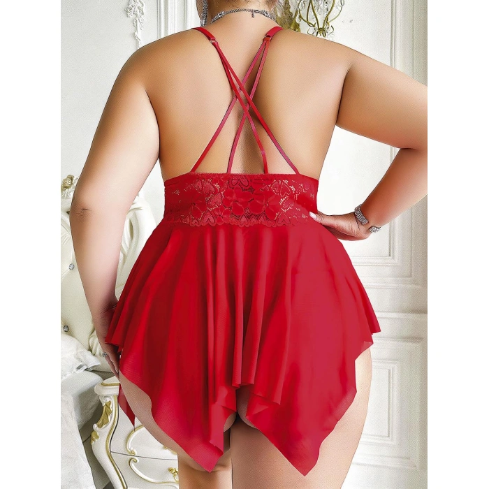 Büyük Beden Dantel İşlemeli Fırfırlı Dekolteli Fantezi Tül Kırmızı Gecelik