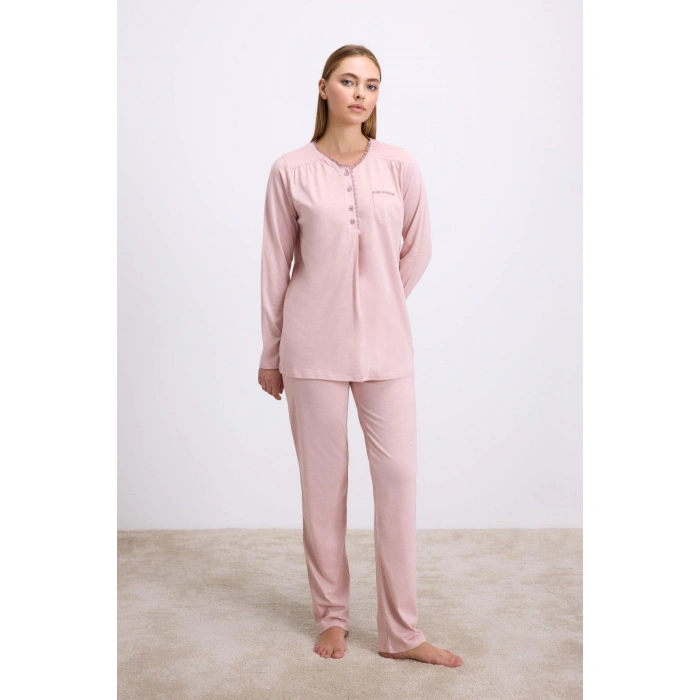 Gül Kurusu Modal Pamuklu Uzun Kollu Düğmeli 2li Pijama Takımı