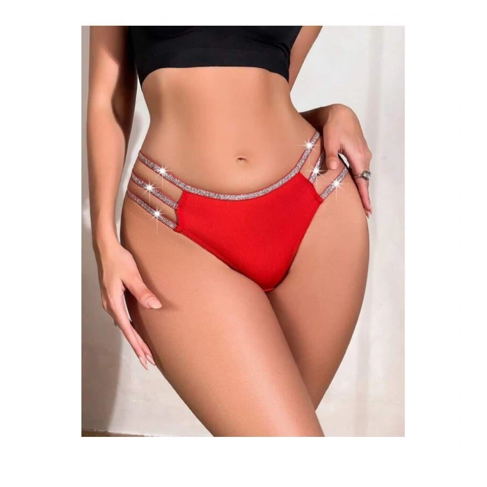 Kırmızı Simli Yanları Şeritli Şık Fantezi Külot