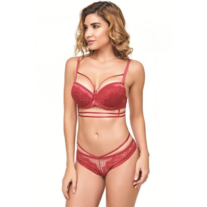 MARSiLYAN- Balenli Destekli Dolgulu Askıları Çıkabilen Yaka Detaylı Çıkabilen Göğüs Altı Aksesuarlı Dantelli Sütyen Ve String Takım