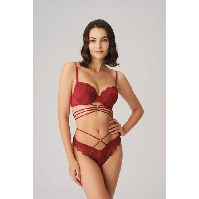 MARSiLYAN- Balenli Destekli Dolgulu Göbek Detaylı Dantelli Sütyen Ve String Takım