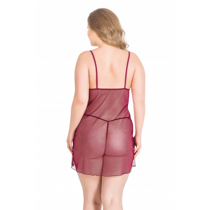 MARSiLYAN-   Büyük Beden Bordo Kısa Tül Gecelik