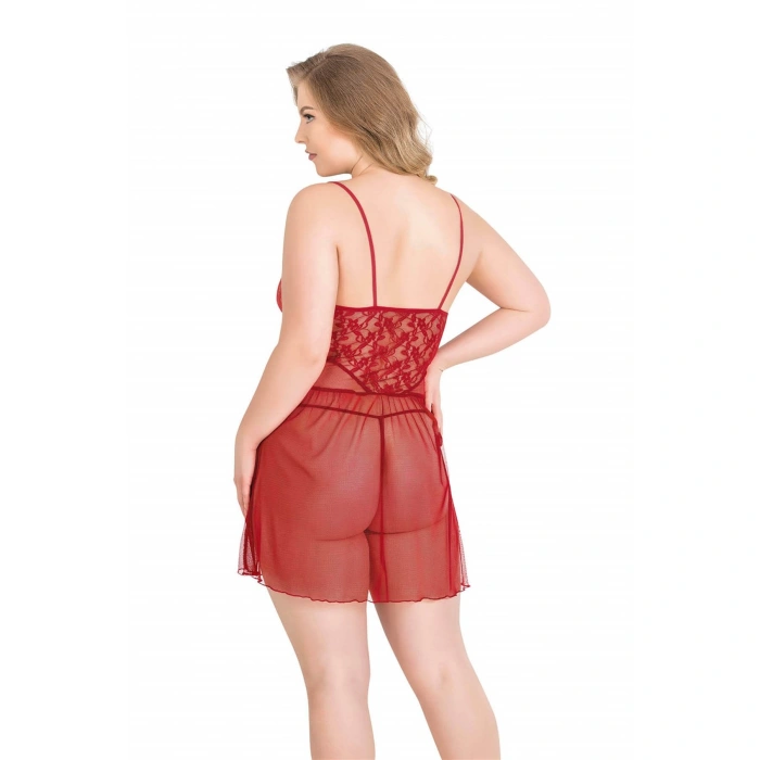 MARSiLYAN-   Büyük Beden Kırmızı Kısa Tül Gecelik