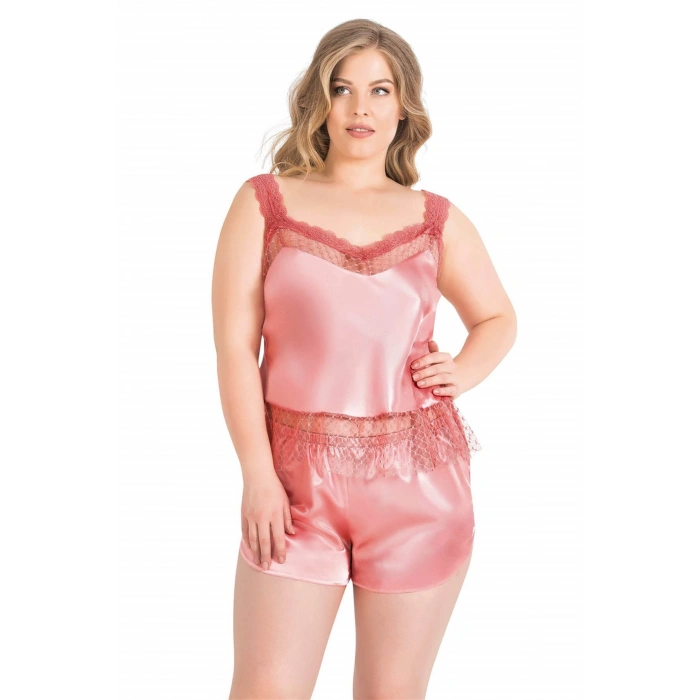 MARSiLYAN- Büyük Beden Mercan Saten Babydoll Şort Takımı