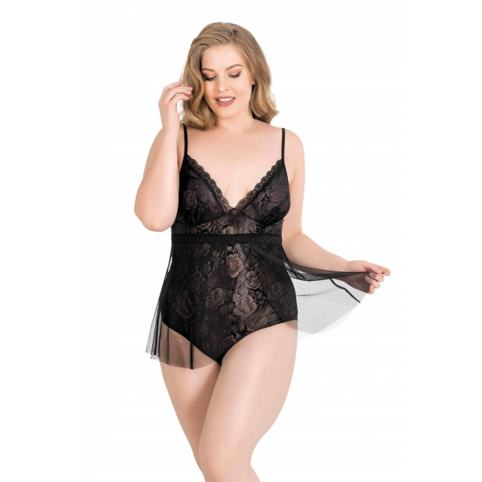 MARSiLYAN- Büyük Beden Siyah Bodysuit Jakarlı Gecelik