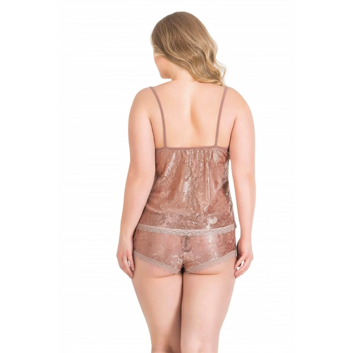 MARSiLYAN-   Büyük Beden Vizon Jakarlı Babydoll Şort Takımı