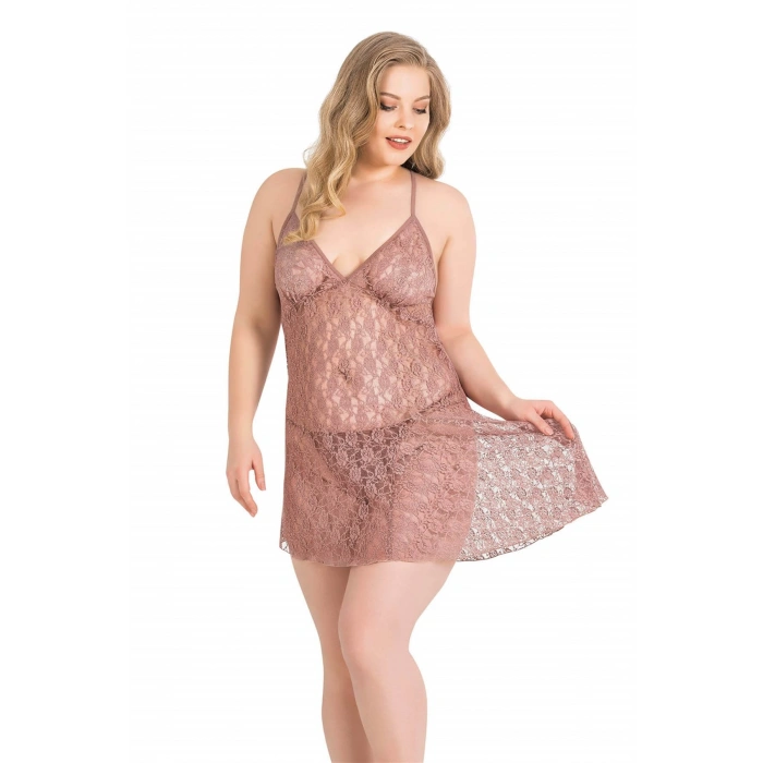 MARSiLYAN-   Büyük Beden Vizon Kısa Tül Gecelik