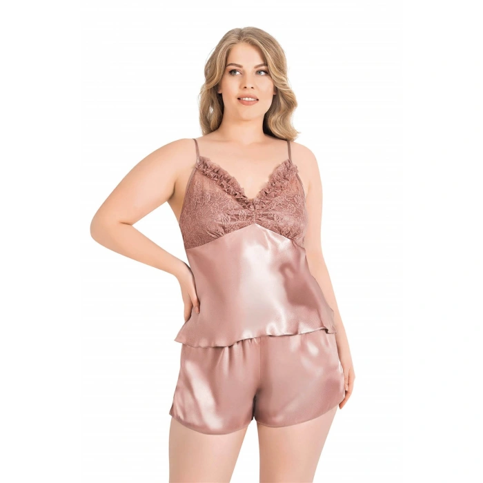 MARSiLYAN- Büyük Beden Vizon Saten Babydoll Şort Takımı