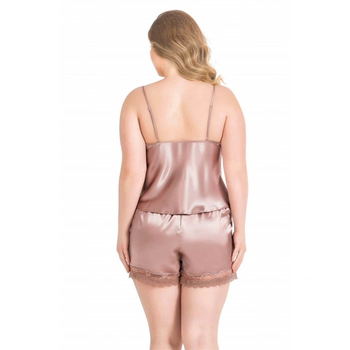 MARSiLYAN- Büyük Beden Vizon Saten Babydoll Şort Takımı