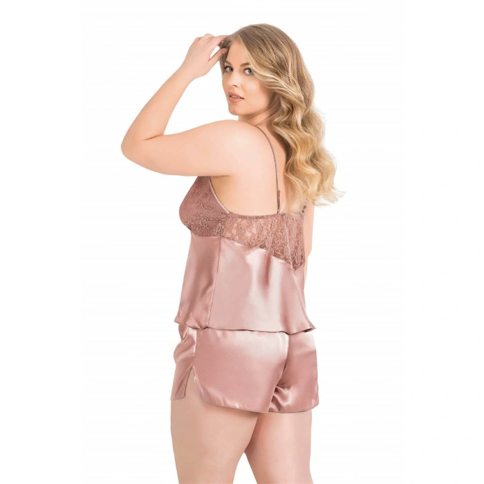 MARSiLYAN- Büyük Beden Vizon Saten Babydoll Şort Takımı