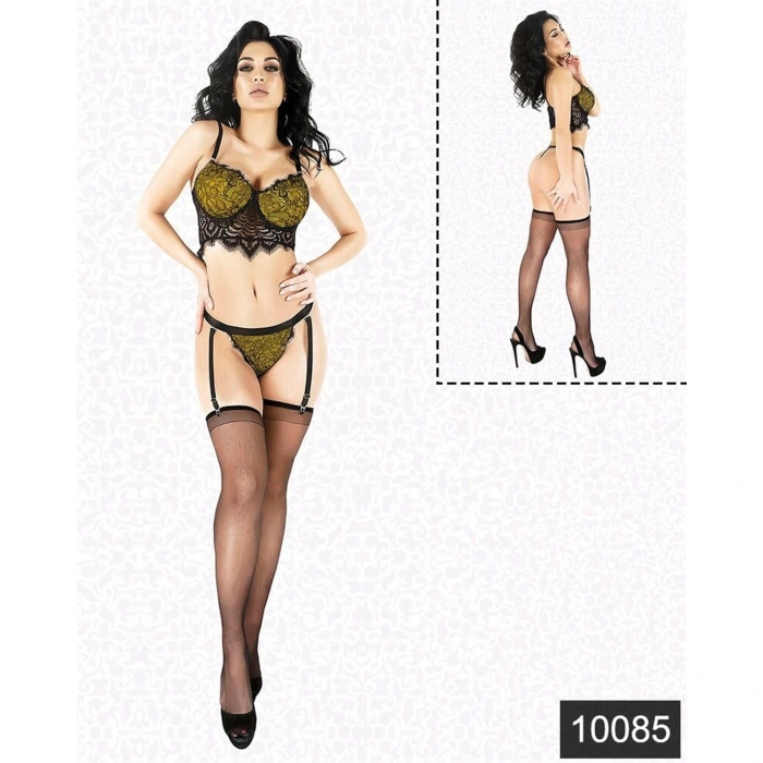 MARSiLYAN-  Fantazi Sarı Lamine Dantel Jartiyer Büstiyer Takım