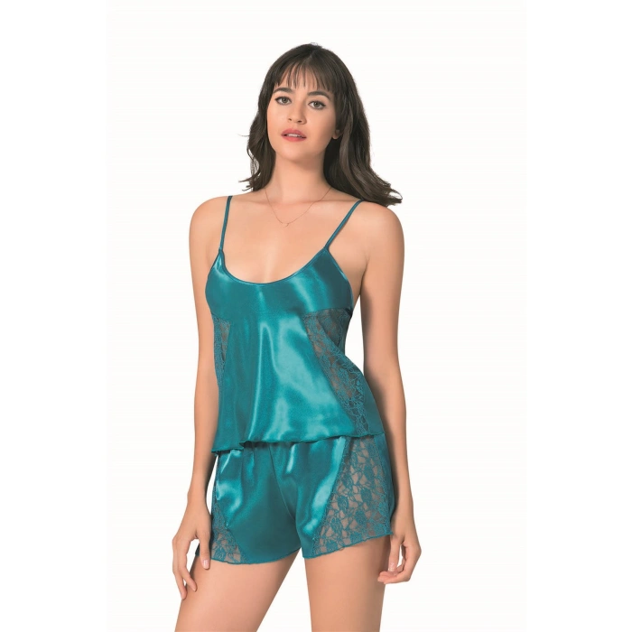 MARSiLYAN- Petrol Saten Babydoll Şort Takımı
