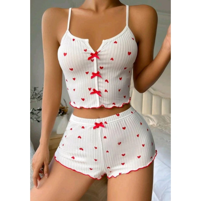 MARSiLYAN- Beyaz Fiyonk Desenli Kalpli Askılı Şortlu Pijama Takım