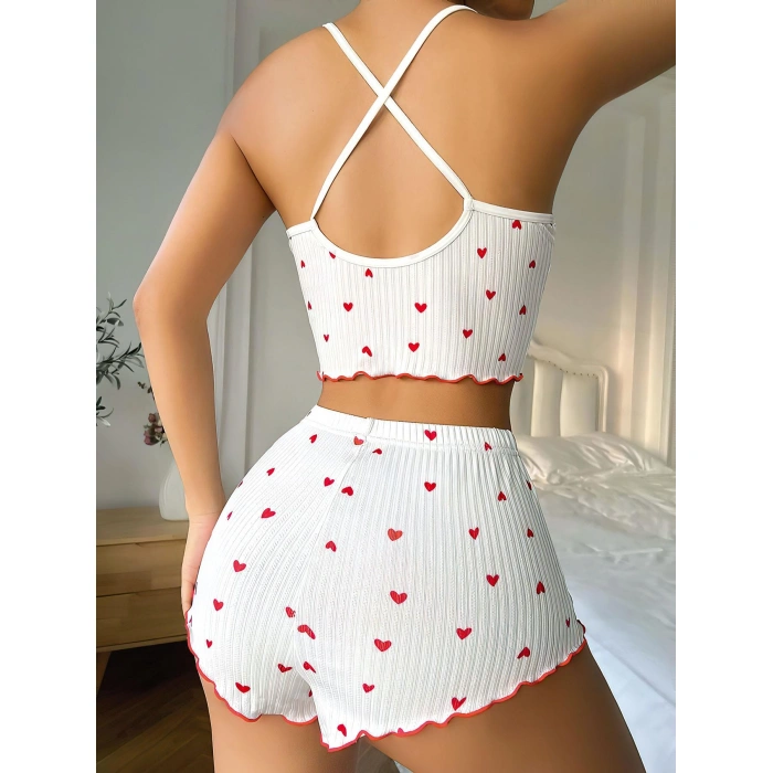 MARSiLYAN-  Beyaz Fiyonk Desenli Kalpli Askılı Şortlu Pijama Takım