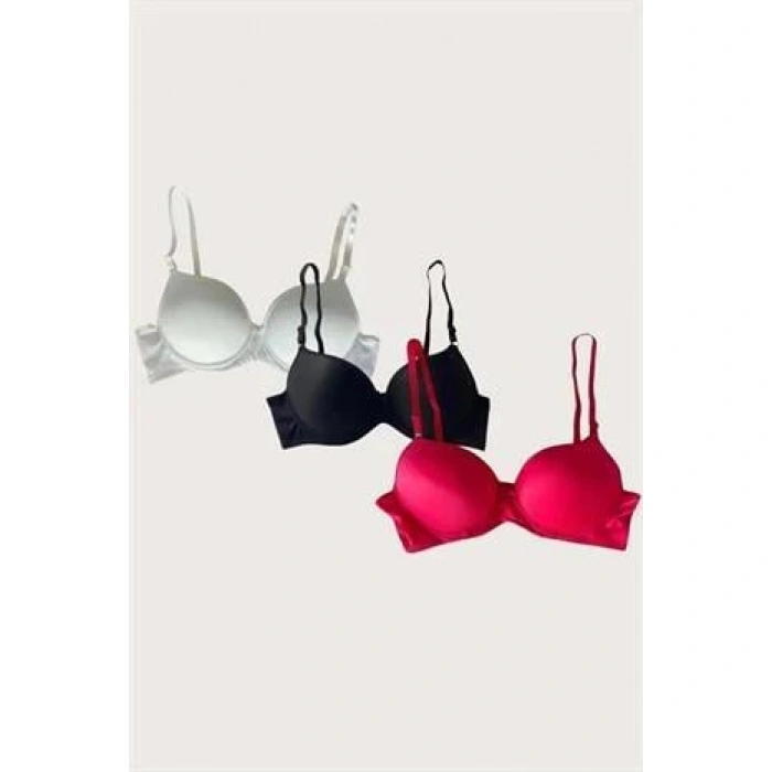 MARSiLYAN- Beyaz-siyah-kırmızı 3lü Mikro Kumaş İçi Boş Balenli Günlük Desteksiz Sütyen