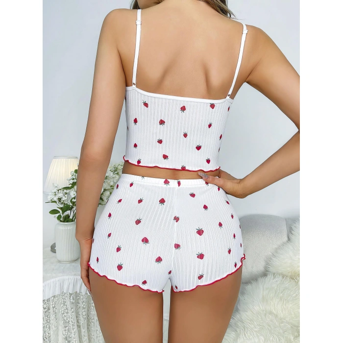 MARSiLYAN-  Beyaz Üstüne Çilek Desenli Askılı Şortlu Pijama Takımı