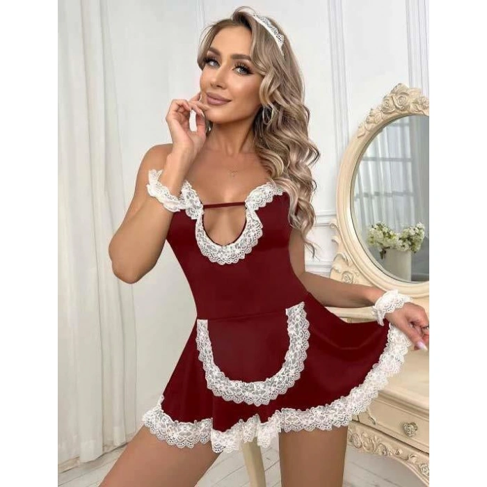 MARSiLYAN- Bordo Beyaz Aksesuarlı Dantelli Fantezi Hizmetçi Kostümü