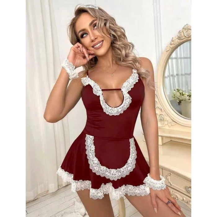 MARSiLYAN- Bordo Beyaz Aksesuarlı Dantelli Fantezi Hizmetçi Kostümü