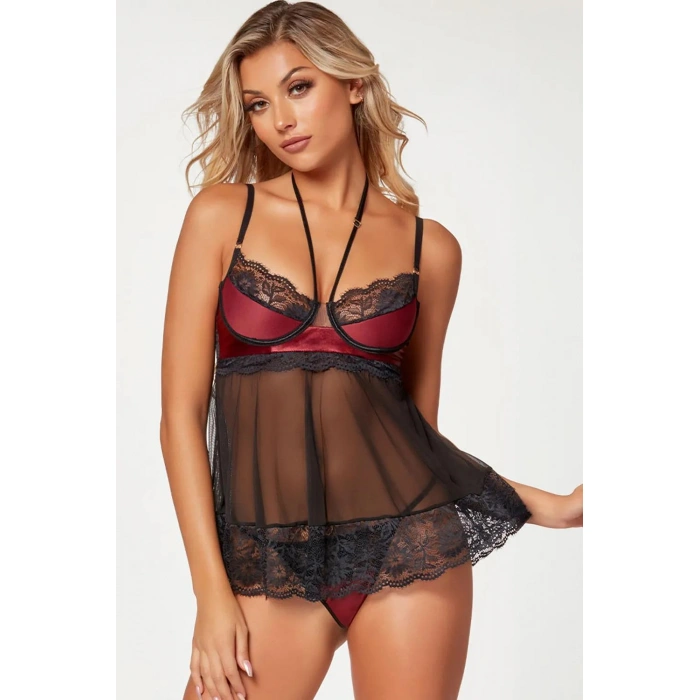 MARSiLYAN- Bordo Dantel İşlemeli Fantezi Gecelik