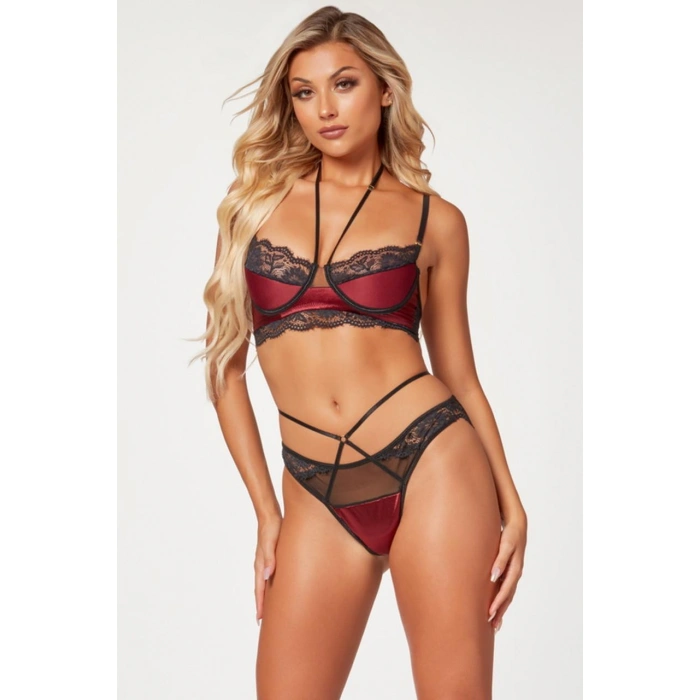 MARSiLYAN- Bordo Dantel İşlemeli Fantezi Sütyen Külot Takımı