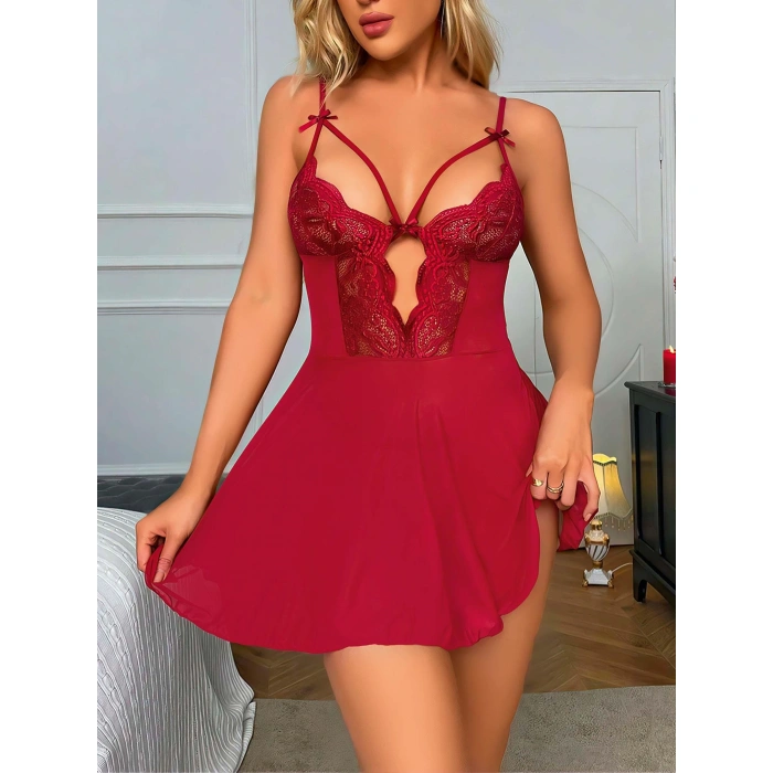 MARSiLYAN- Bordo Dantel İşlemeli Göğüs İp Detaylı Fantezi Tül Gecelik Takımı