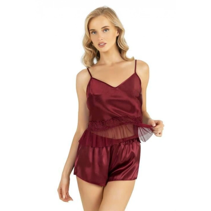 MARSiLYAN- Bordo Saten Şort Takımı 9209