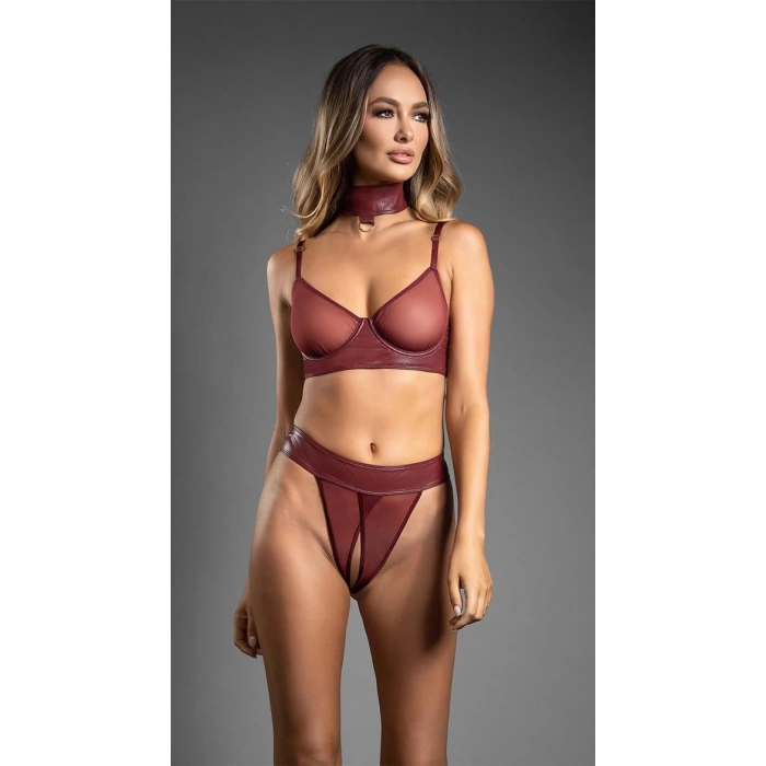 MARSiLYAN- Bordo Tül Büstiyerli Özel Bölgesi Açık Kelepçeli Fantezi Deri Takım