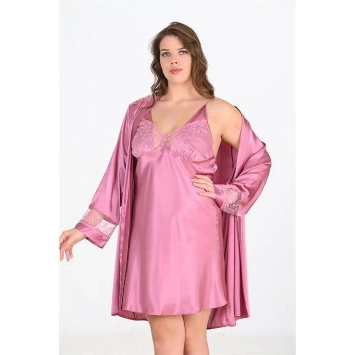 MARSiLYAN- Büyük Beden 2li Gülkurusu Sabahlık Takımı Bigsize 6204