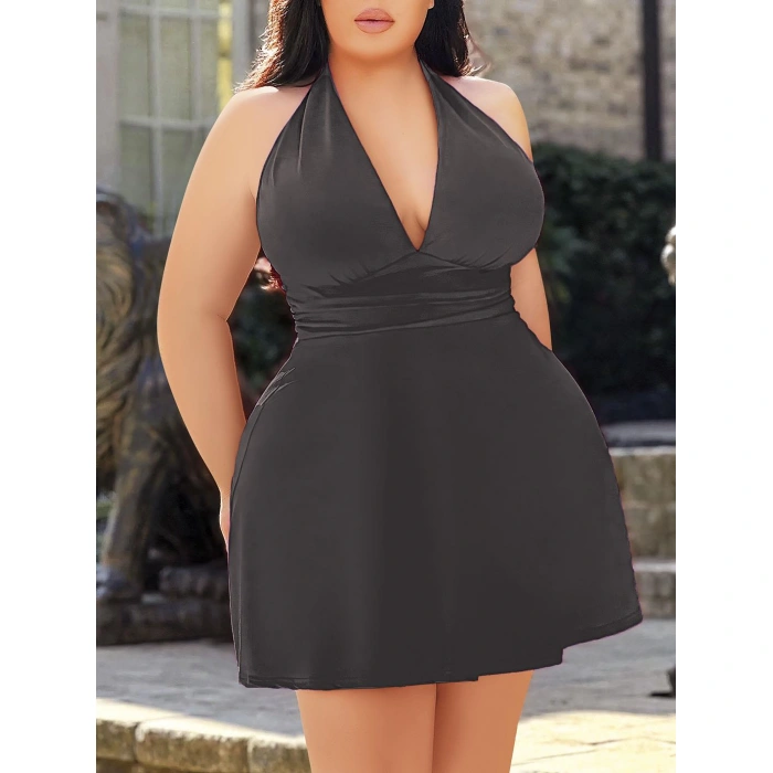 MARSiLYAN- Büyük Beden Antrasit Boyundan Bağlamalı Mini Gecelik