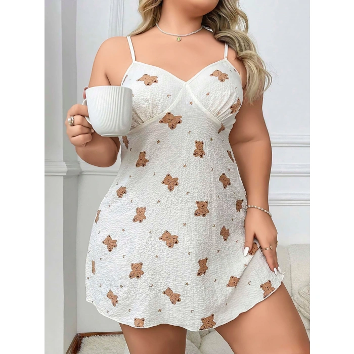 MARSiLYAN-  Büyük Beden Ayıcık Desenli Pamuklu İnce Askılı Mini Gecelik