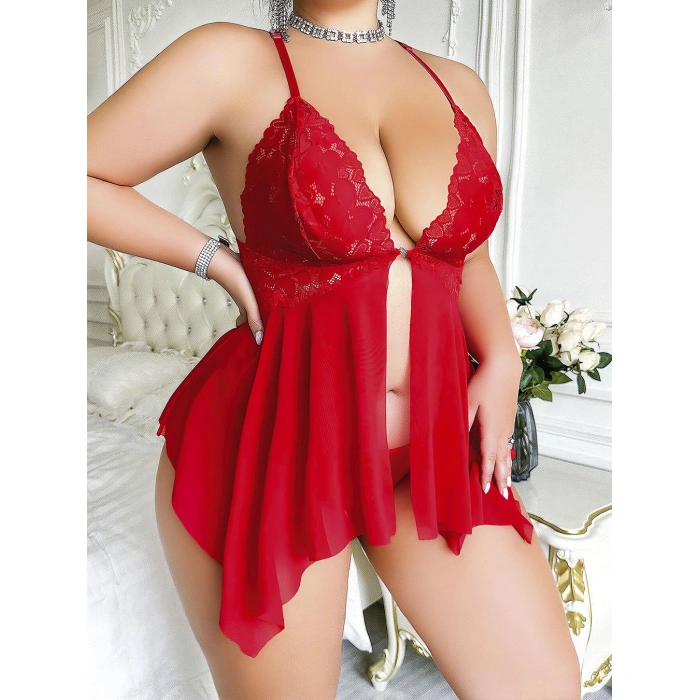 MARSiLYAN- Büyük Beden Dantel İşlemeli Fırfırlı Dekolteli Fantezi Tül Kırmızı Gecelik