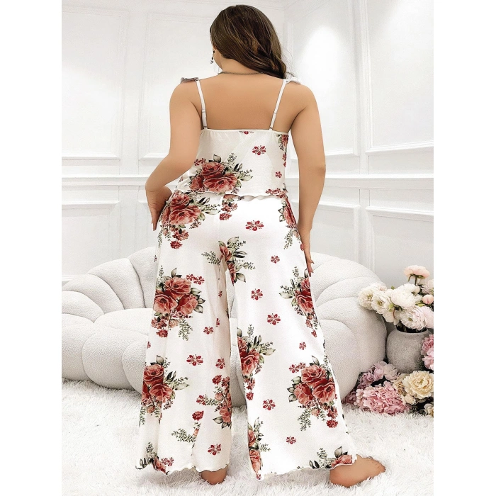 MARSiLYAN-  Büyük Beden Gül Desenli İnce Askılı Beyaz Salaş 2li Takım