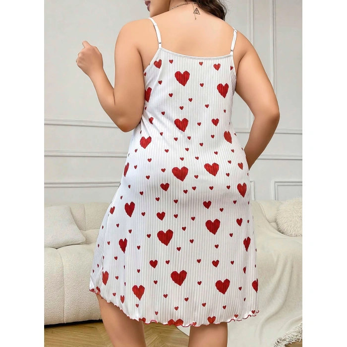 MARSiLYAN- Büyük Beden Kalp Desen Pamuklu İnce Askılı Uzun Gecelik