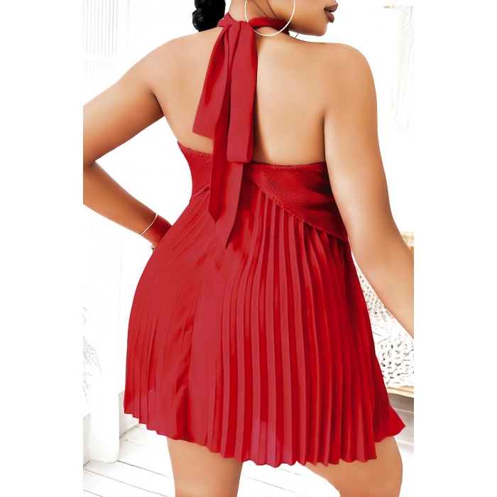 MARSiLYAN- Büyük Beden Kırmızı Fırfırlı Boyundan Bağlamalı Gecelik