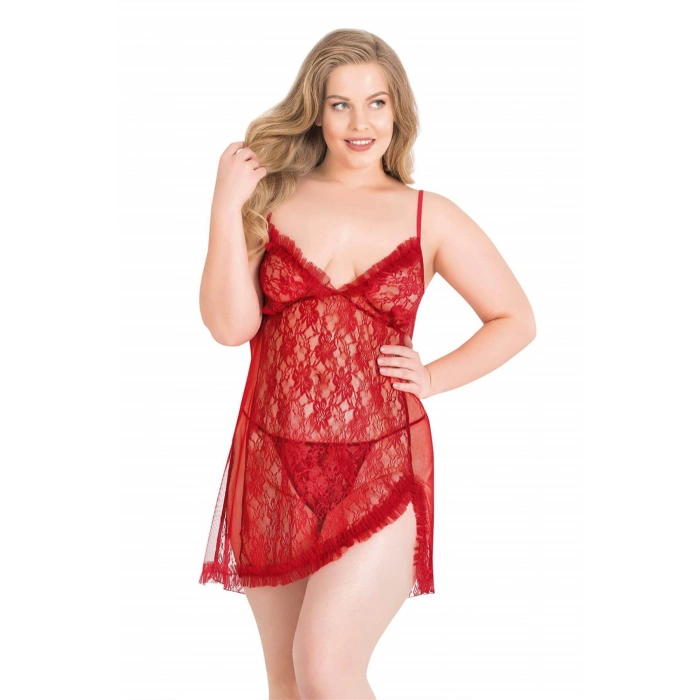 MARSiLYAN- Büyük Beden Kırmızı Kısa Tül Gecelik