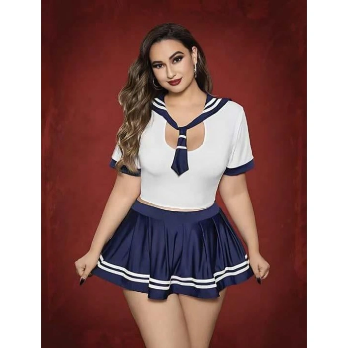 MARSiLYAN- Büyük Beden Lacivert Mini Etekli Fantezi Denizci Kostümü